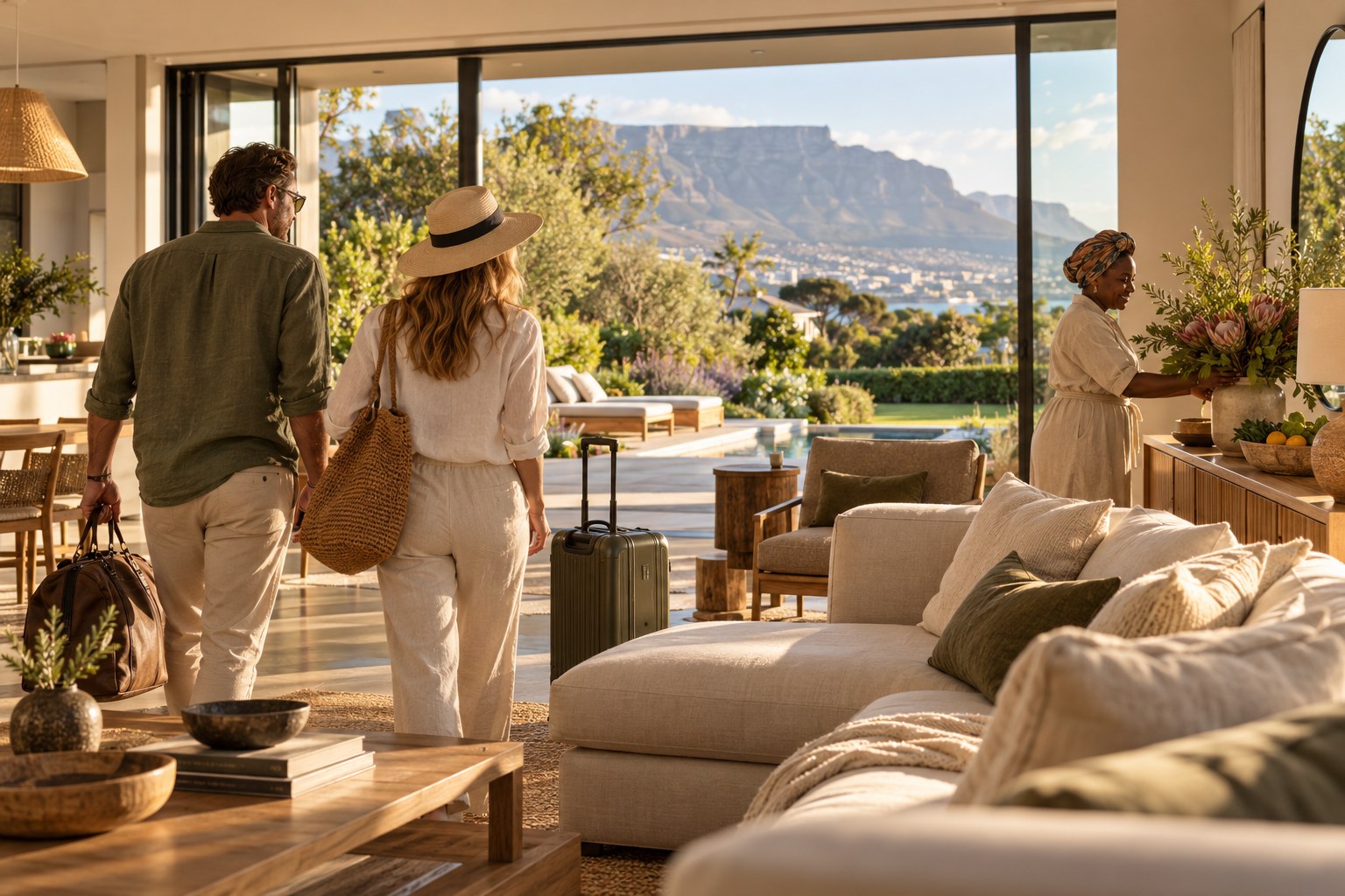 Guests arriving at a sunlit Cape Town villa with a welcome basket and fresh flowers