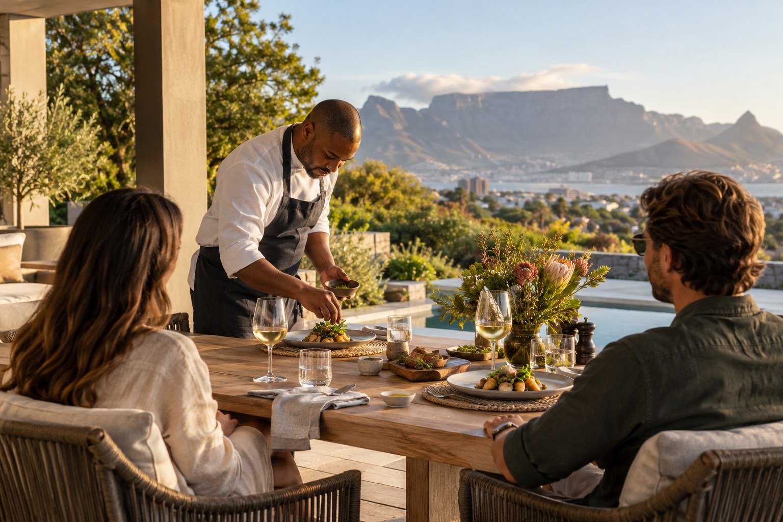A private chef serving dinner on a Cape Town villa terrace