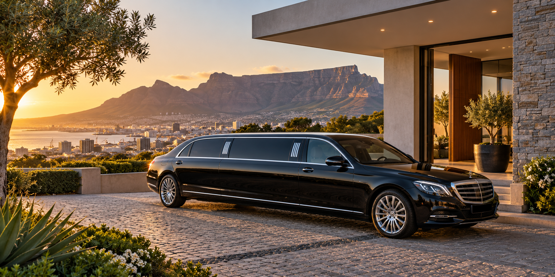 A black chauffeur limousine at a Cape Town villa, with Table Mountain beyond
