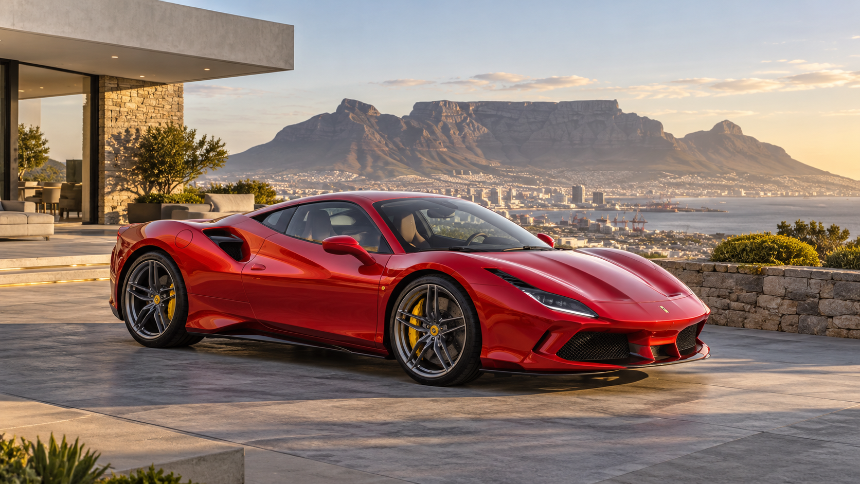 A red luxury sports car parked at a Cape Town villa overlooking the city