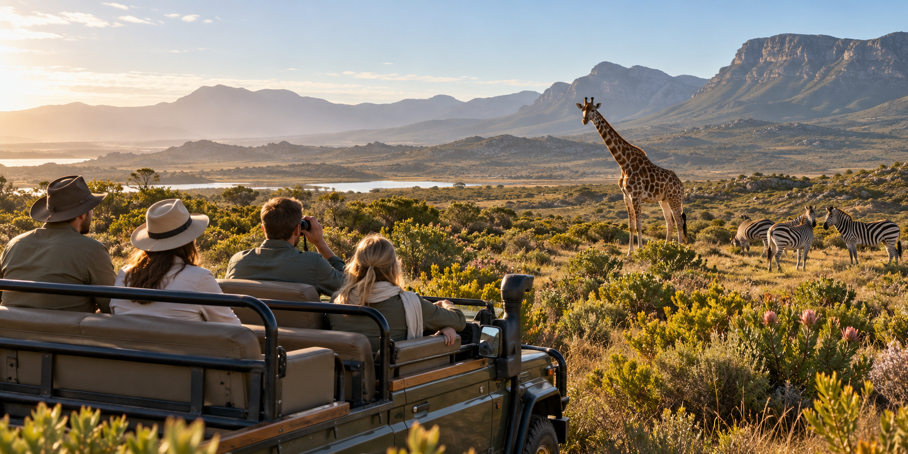 Guests on a South African safari watching giraffes and zebras in open country